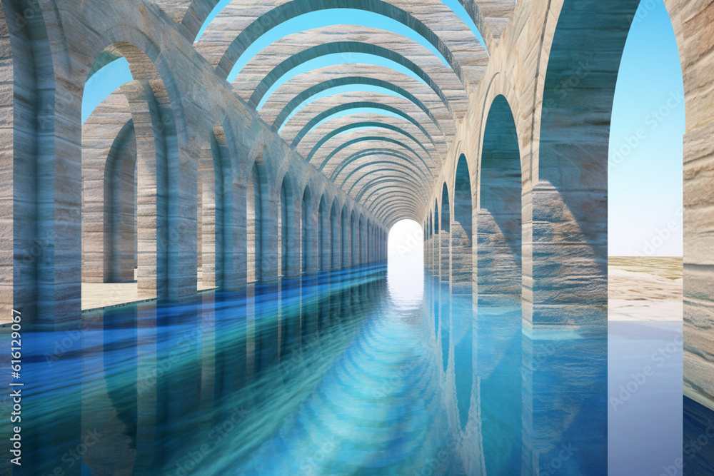 Poster an image featuring abstract interpretations of a roman aqueduct, with arching lines and cool blues. 