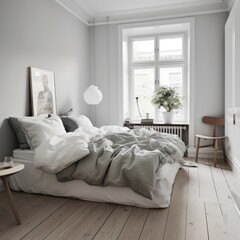 Fototapeta na wymiar Master bedroom of a Scandinavian modern apartment. Bright and airy, with light wooden floors and minimalist decor. Generative AI