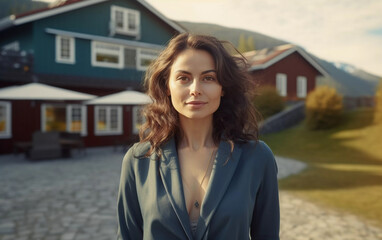 Lifestyle portrait of attractive brunette woman traveling at Scandinavian mountain resort, Generative AI - obrazy, fototapety, plakaty