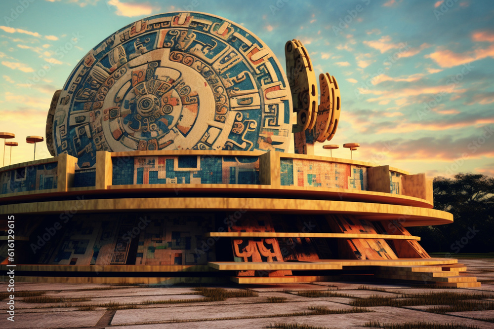 Aufkleber Astronomical Observatory: An abstract depiction of a Maya astronomical observatory, with geometric structures and celestial motifs. Generative AI technology.