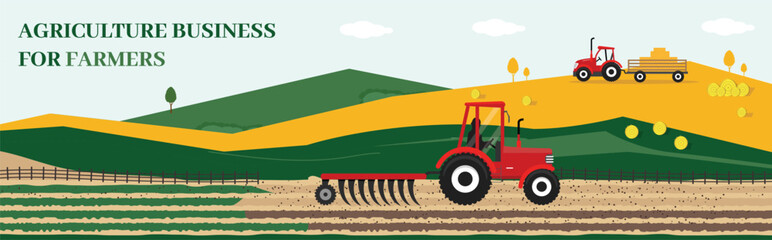 Farm tractor icon illustration with wheat field in the background. Agriculture and Farming. Agribusiness Tracktor. Rural landscape. Design elements for info graphic, websites and print media. Tractor  © mycreative