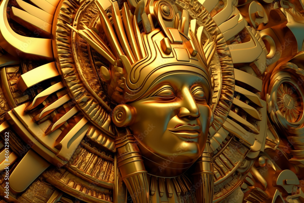 Poster an abstract portrayal of inca gold artifacts, with shimmering lines and warm tones. generative ai te
