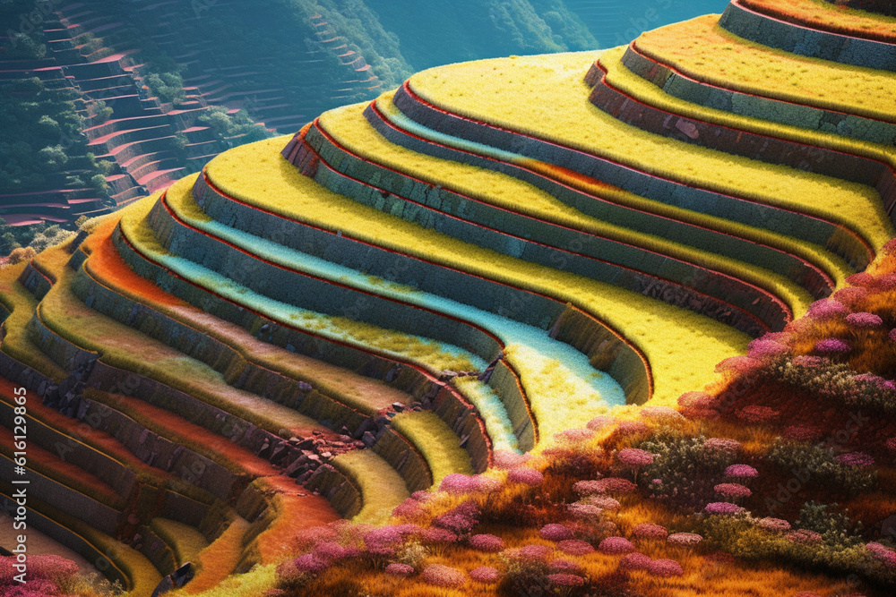 Aufkleber an image featuring abstract representations of inca agricultural terraces, with layered shapes and v