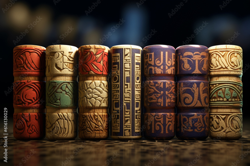 Poster an image showcasing abstract interpretations of cylinder seals, with intricate motifs and a warm col