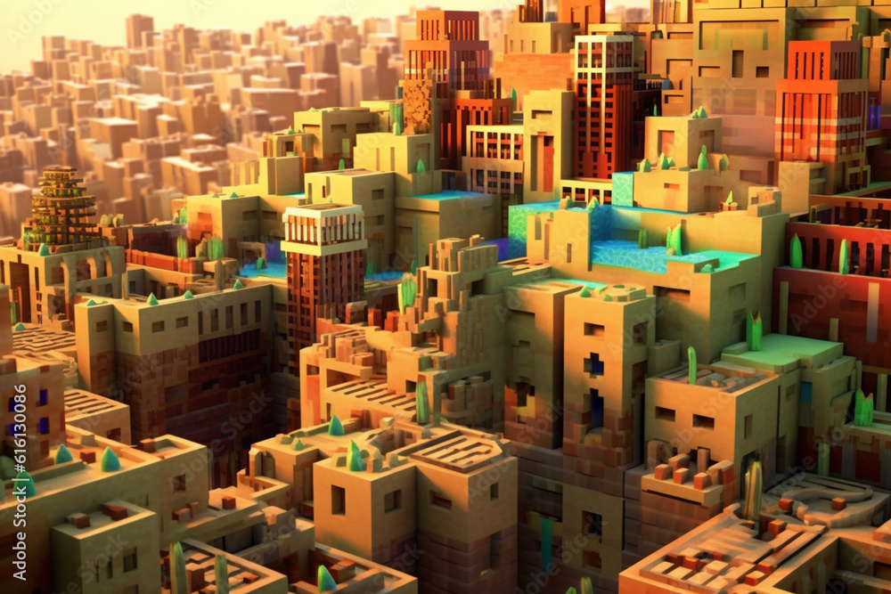 Poster An image featuring abstract representations of Mesopotamian city-states, with stylized urban forms and a mix of warm and cool colors. Generative AI technology.