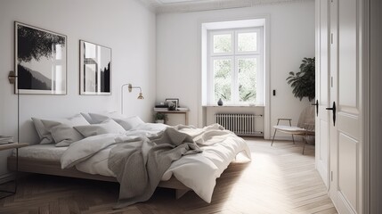 Fototapeta na wymiar Master bedroom of a Scandinavian modern apartment. Bright and airy, with light wooden floors and minimalist decor. Generative AI