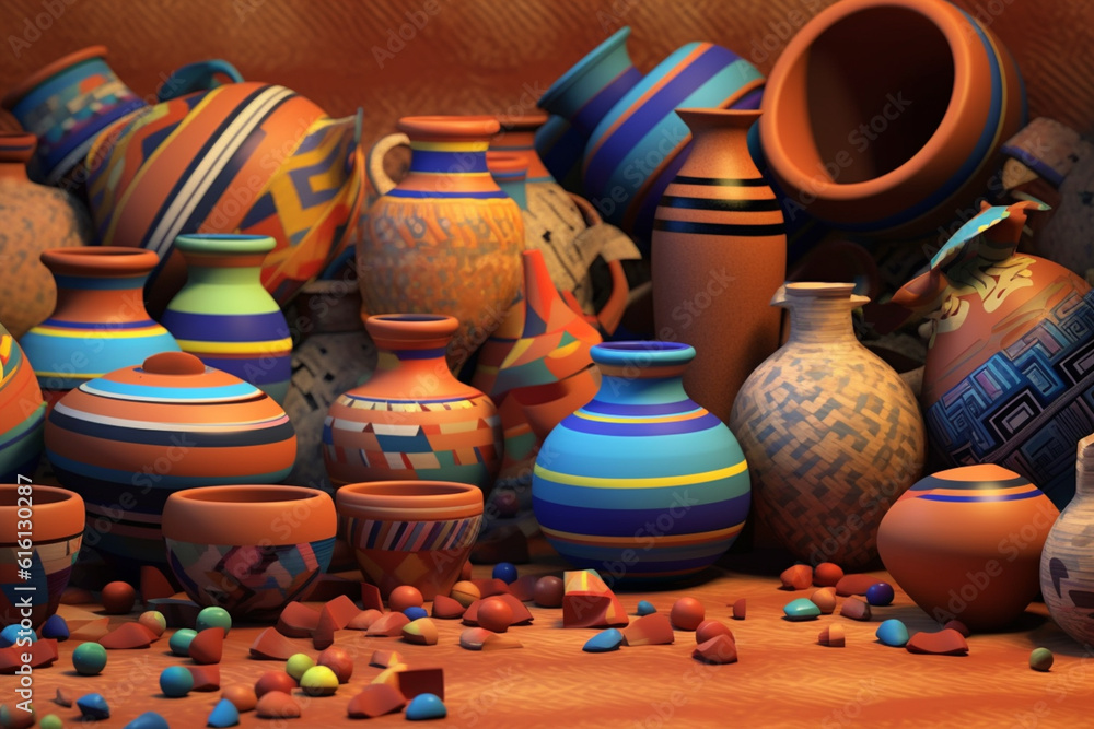 Poster an image featuring abstract representations of harappan pottery and artifacts, with stylized forms a