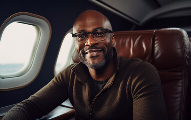 Lifestyle portrait of stylish black man wearing glasses flying on airplane, Generative AI