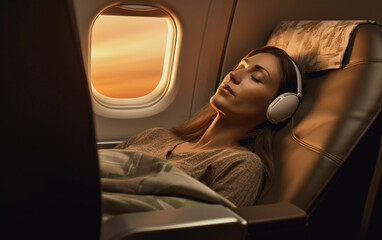 Lifestyle portrait of attractive brunette woman sleeping and listening to headphones on airplane long haul flight