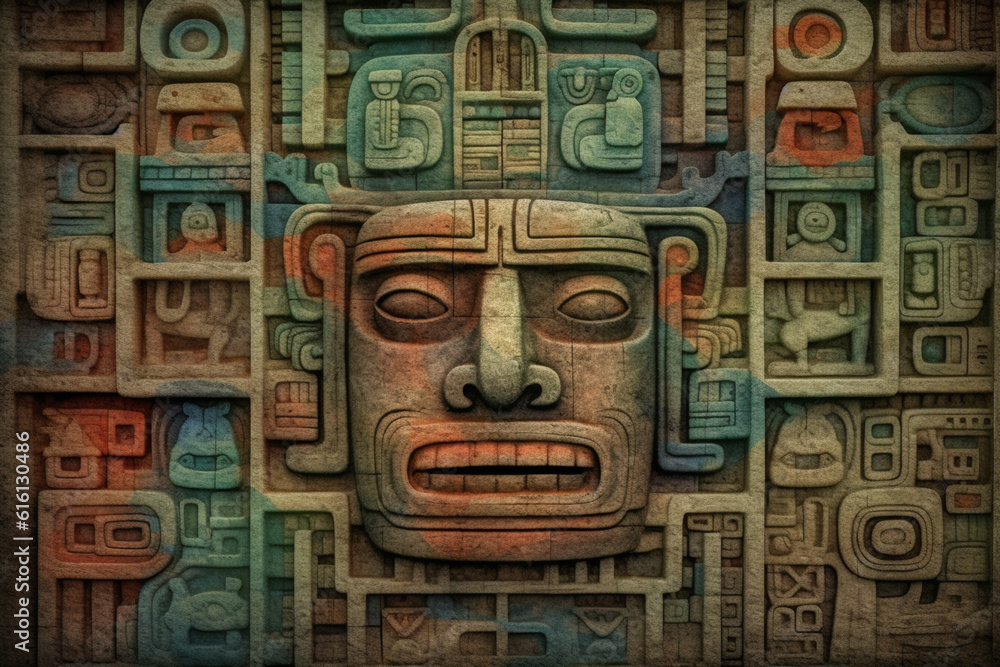 Poster An image showcasing abstract interpretations of Olmec hieroglyphs, with symbolic shapes and a muted color scheme.  Generative AI technology.