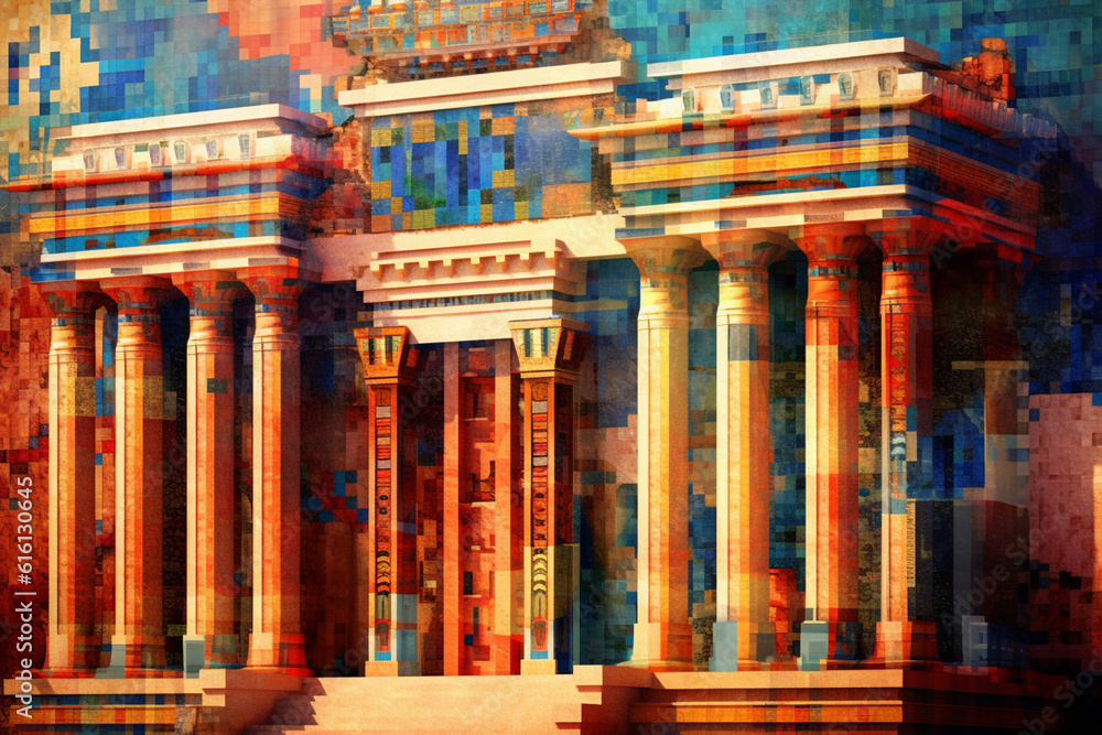 Poster  An abstract portrayal of Carthaginian architecture, with geometric forms and a harmonious color scheme. Generative AI technology.
