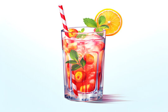 Strawberry lemonade drink with fruit and ice cubes, straw, orange slices watercolor illustration of food dessert image, menu and summer vacation design