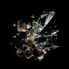 cracked glass object on black background, smashed glass texture, shards of broken glass on black...