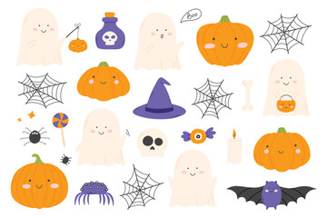 Cute kids set for Halloween. Collection of kids ghosts and pumpkins. Vector illustration in a flat style. Halloween cute characters.