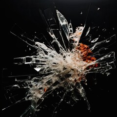 cracked glass object on black background, smashed glass texture, shards of broken glass on black...