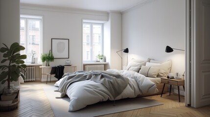 Master bedroom of a Scandinavian modern apartment. Bright and airy, with light wooden floors and minimalist decor. Generative AI