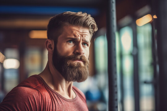 Athletic body young man with long beard 