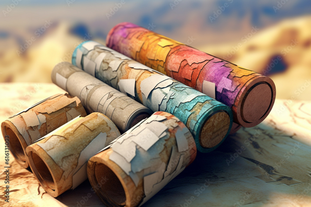Fototapete An abstract representation of the Dead Sea Scrolls, with fragmented shapes and a muted color palette.  Generative AI technology.