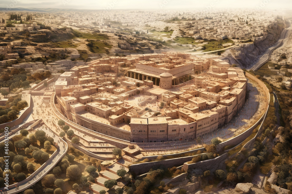 Poster An image featuring an abstract interpretation of the City of David, with intersecting lines and a warm, earthy color scheme. Generative AI technology.