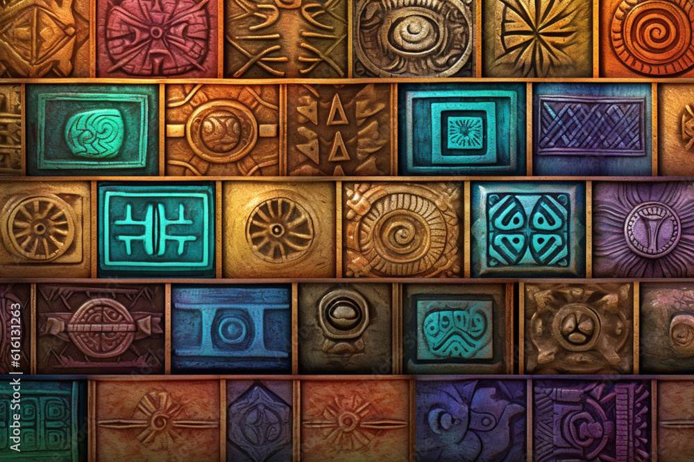 Fototapete An image featuring abstract representations of Phoenician symbols, with intricate patterns and a symbolic color palette. Generative AI technology.