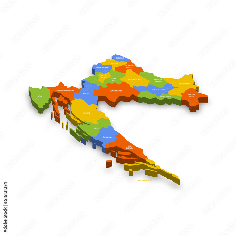 Wall mural Croatia political map of administrative divisions - counties. Colorful 3D vector map with country province names and dropped shadow. - Wall murals