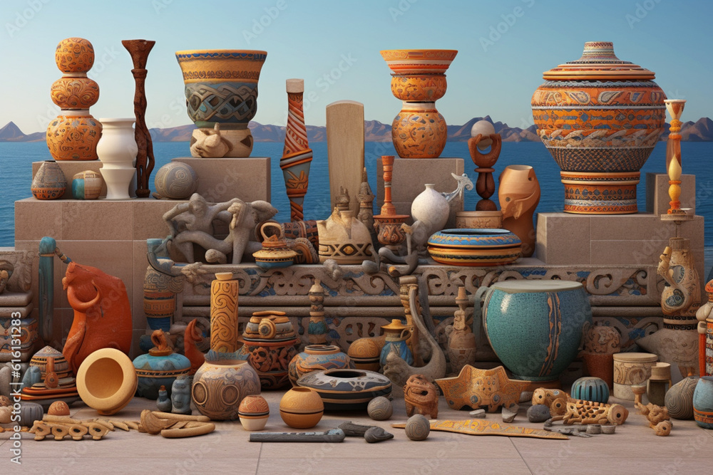 Leinwandbilder an image showcasing abstract representations of phoenician trade goods, with stylized forms and a di