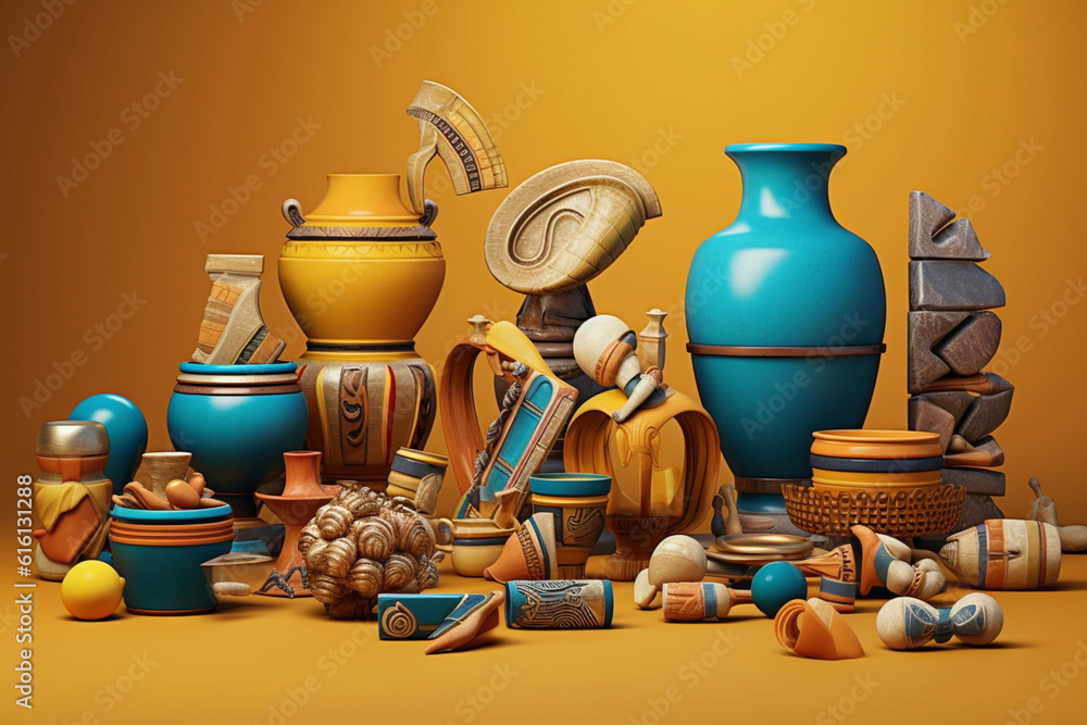 Poster an image showcasing abstract representations of phoenician trade goods, with stylized forms and a di