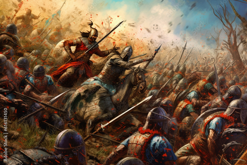 Poster An abstract interpretation of a Hittite battle scene, with dynamic shapes and intense colors. Generative AI technology.