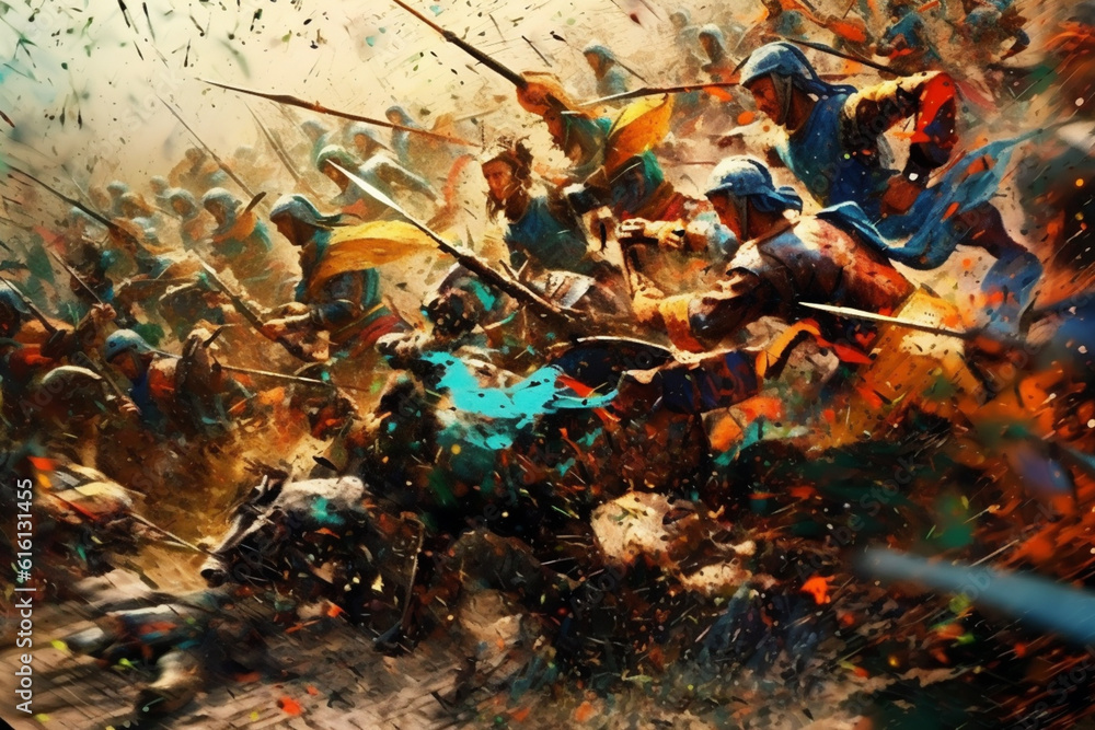 Poster An abstract interpretation of a Hittite battle scene, with dynamic shapes and intense colors. Generative AI technology.