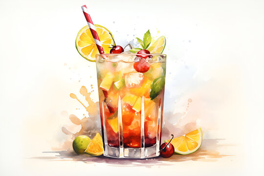 Strawberry lemonade drink with fruit and ice cubes, straw, orange slices watercolor illustration of food dessert image, menu and summer vacation design