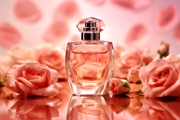 Obraz na płótnie Canvas Luxury perfume bottle with roses and peony around