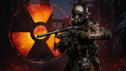 Fototapeta premium Soldier in futuristic armor, made for shielding against radiation, holds a conceptual rifle amidst blazing atmosphere. Backdrop features a massive sign of nuclear protection in a world ravaged by war