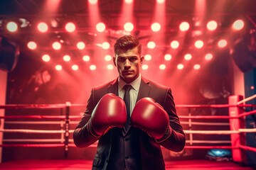 Stylish businessman in gloves on boxing ring