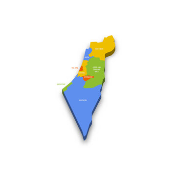 Israel political map of administrative divisions - districts, Gaza Strip and Judea and Samaria Area. Colorful 3D vector map with country province names and dropped shadow.