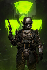 Fototapeta premium Post-apocalyptic soldier stands surrounded by toxicity, holding a conceptual rifle and unique anti-nuclear armor designed to protect against the dangers of a nuclear