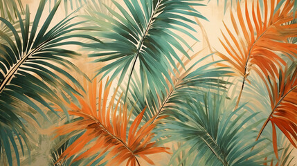 Naklejka na ściany i meble Fresh palm leaves on beige