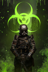 Post-apocalyptic soldier stands surrounded by toxicity, holding a conceptual rifle and unique...