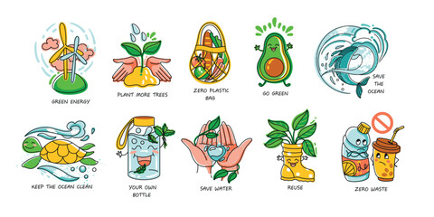 Hand drawn eco label pack. Save your planet. No waste. Vector.