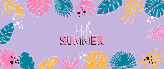 Tropical summer bright colour vector banner with Hello summer text. Colorful abstract vector design background for poster, invitation and cover with tropical leaves, shapes 