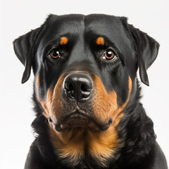 Adorable rottweiler dog portrait looking at camera isolated on white background as concept of domestic pet in ravishing hyper realistic detail by Generative AI.