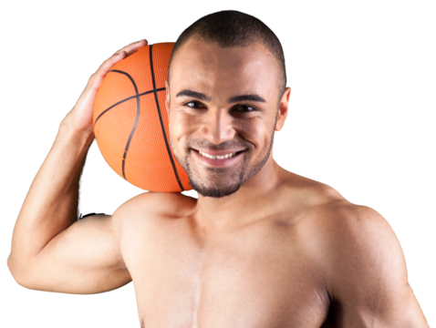 Young handsome sporty man with basketball ball isolated on white background