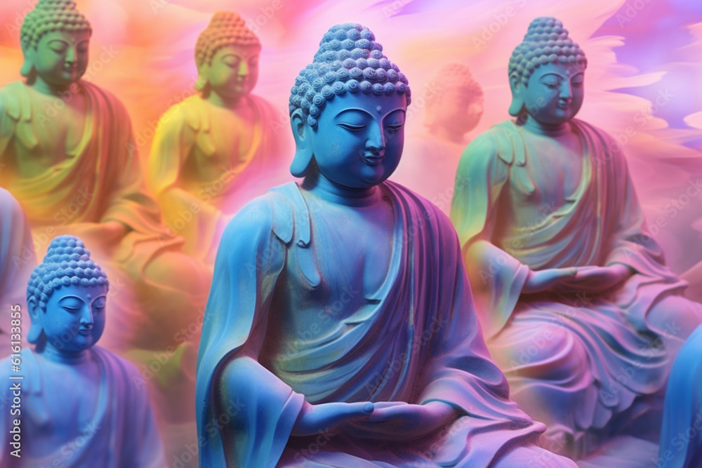 Poster an abstract interpretation of kushan buddha statues, with serene forms and soothing colors. generati