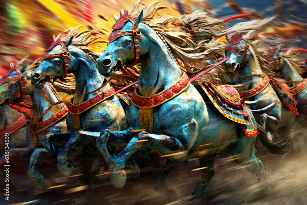 Poster An abstract representation of Shang war chariots, with dynamic forms and bold colors.  Generative AI technology.