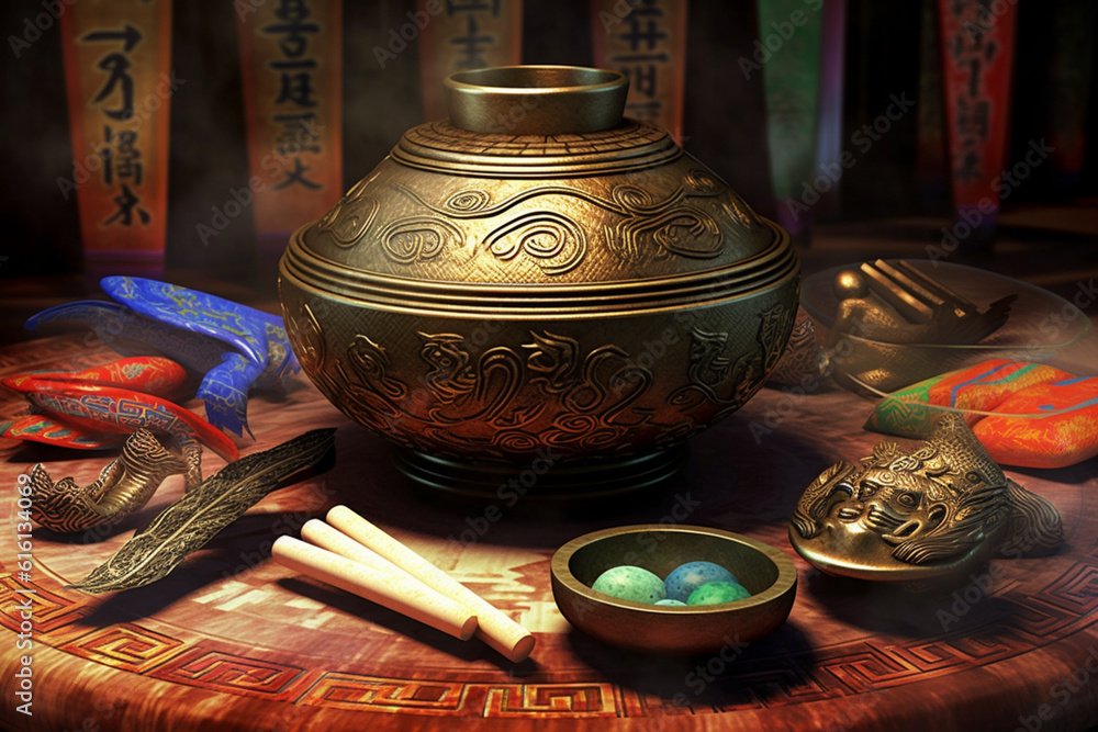 Poster an abstract portrayal of shang divination practices, with swirling patterns and mystical colors. gen