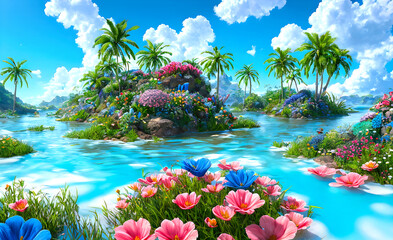 Paradise land with beautiful  gardens, castles and flowers, magical idyllic background with many flowers in eden. Generative Ai. - obrazy, fototapety, plakaty