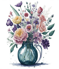 Bouquet of beautiful flowers in a glass vase, retro style flowers isolated on white,. Generative Ai.