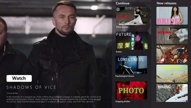 Highlights reel of gangster movie on selection screen of streaming service app - gang of criminals with guns going on skirmish, briefcase of dollars in cash, loaded gun aimed at forehead