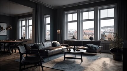 An elegant and masculine interior space, perfect for a bachelor who values a dark, monochromatic palette. Generative AI