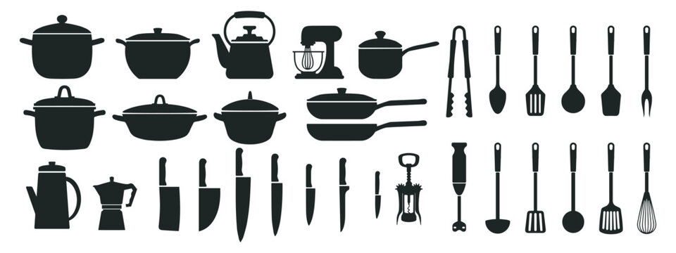 Big set of kitchen utensils, silhouette. Pots, pans, ladle, kettle, coffee maker, mixer, blender, knives. Icons, vector