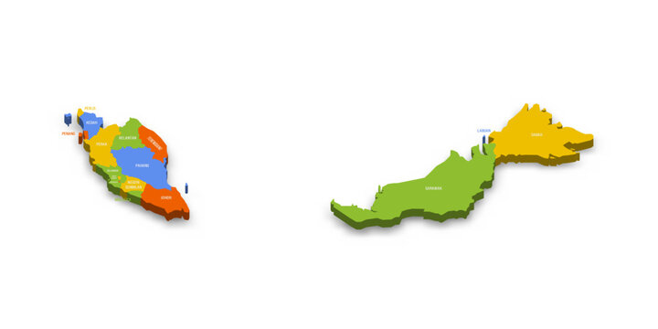 Malaysia political map of administrative divisions - states and federal territories. Colorful 3D vector map with country province names and dropped shadow.